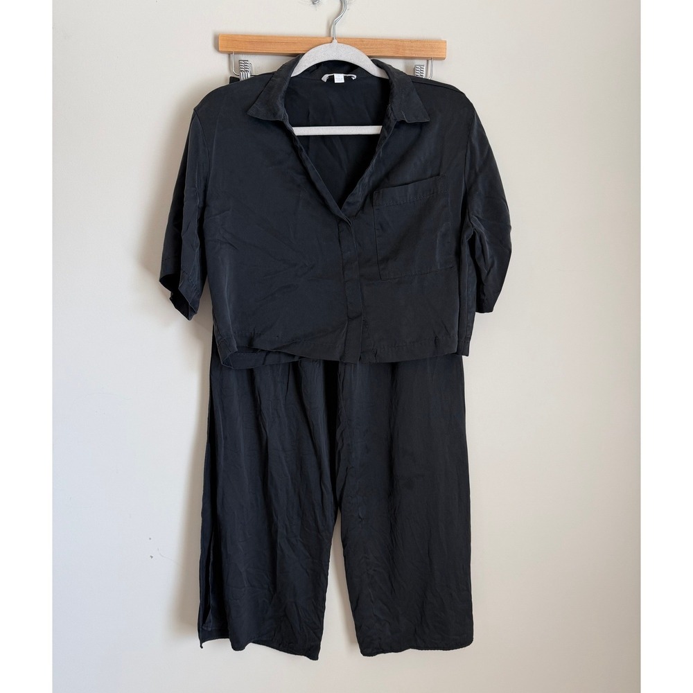 Lunya Washable Silk Pajama Set Women S Black Cropped Top Wide Leg Pants